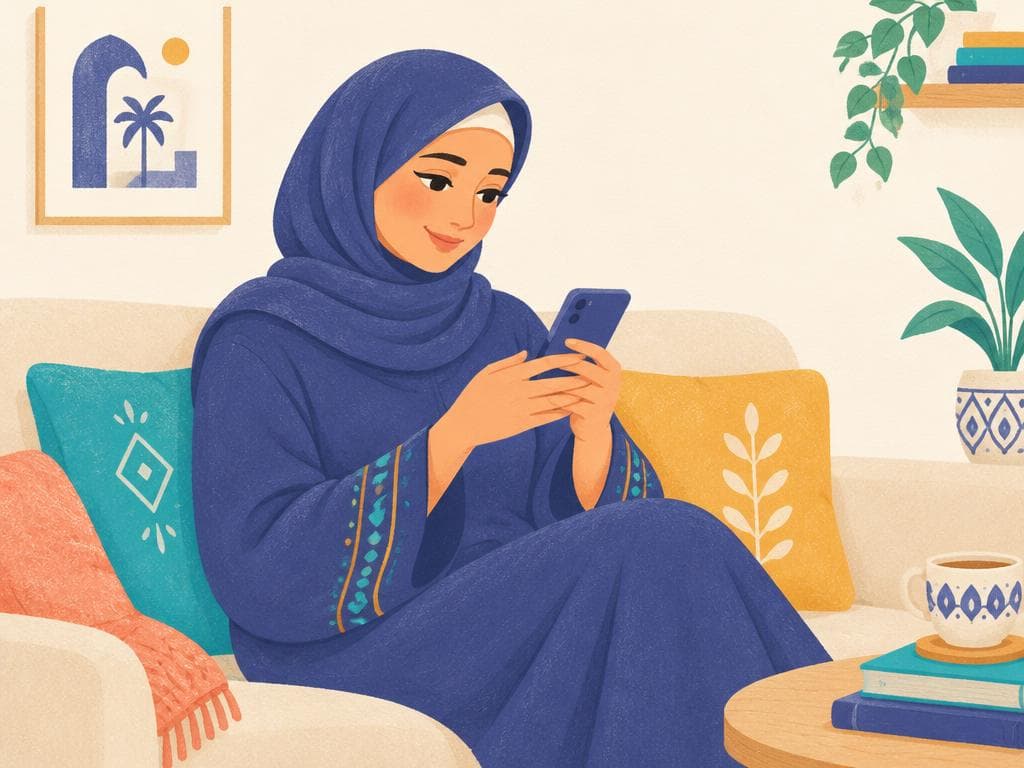 أمّ بالحجاب تبتسم وهي تنظر إلى هاتفها