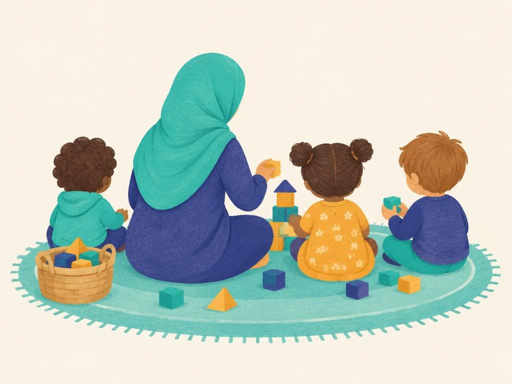 معلّمة وأطفال يلعبون بالمكعبات، من الخلف